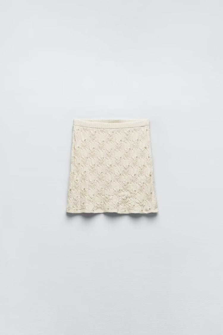 Women  Artificial Pearl Knitted Top High Waist Skirt   Set