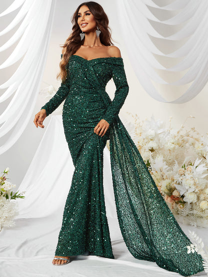 Dress Premium Sequined off Shoulder Long Sleeve Ball Gown Fishtail Dress