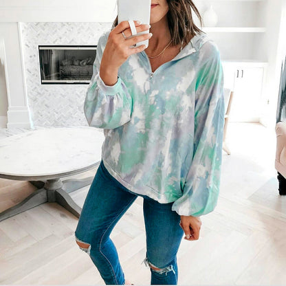Women Fashion Tie Dyed Printed Long Sleeved Loose Casual Sweater