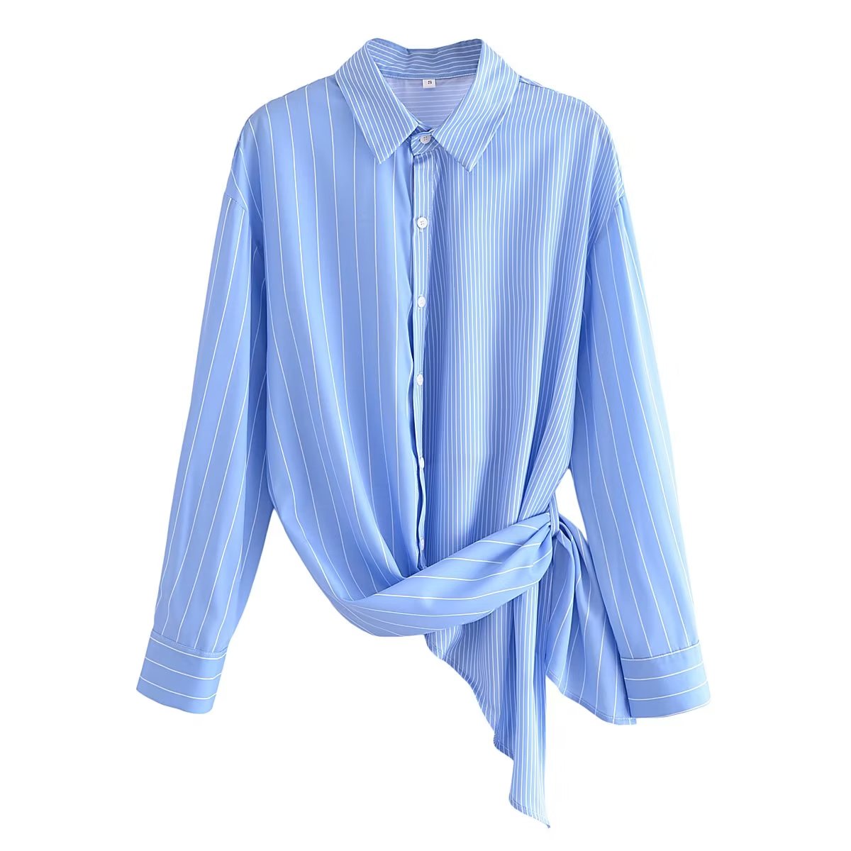 Women Clothing Loose Vertical Stripes Printed Hem Irregular Asymmetric Lace Up Long Sleeve Shirt