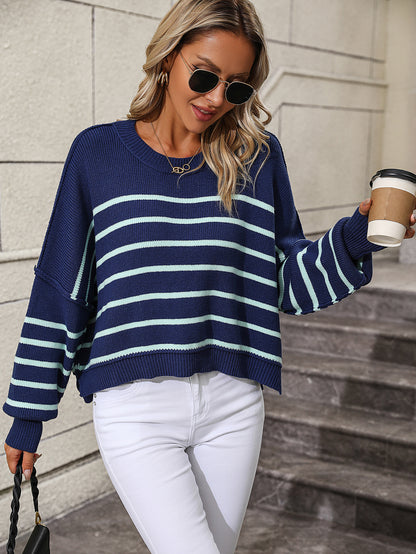 Autumn Winter Round Neck Women Knitwear Loose Pullover Stripe Sweater Women