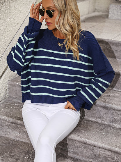 Autumn Winter Round Neck Women Knitwear Loose Pullover Stripe Sweater Women