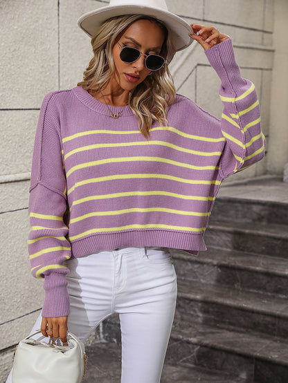 Autumn Winter Round Neck Women Knitwear Loose Pullover Stripe Sweater Women