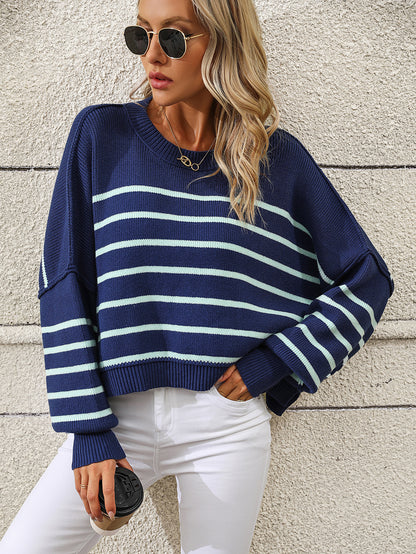 Autumn Winter Round Neck Women Knitwear Loose Pullover Stripe Sweater Women