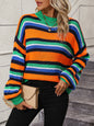 Autumn Winter Stitching Knitwear Loose Color Round Neck Striped Sweater Women