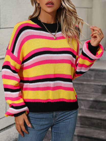 Autumn Winter Stitching Knitwear Loose Color Round Neck Striped Sweater Women