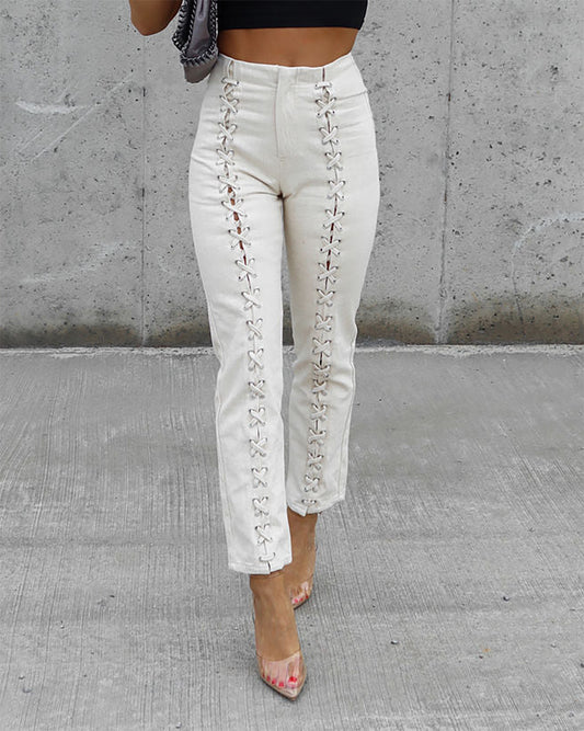 Ladies Trousers Cotton High Waist Slim Fit Porous Lace up Fashionable Skinny Pants Crisscross