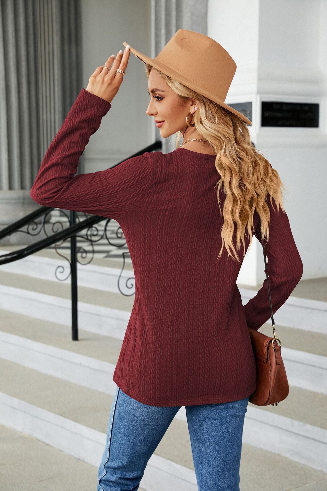 Autumn Winter Solid Color V neck Button Loose Long Sleeved T shirt Top Women Clothing Button