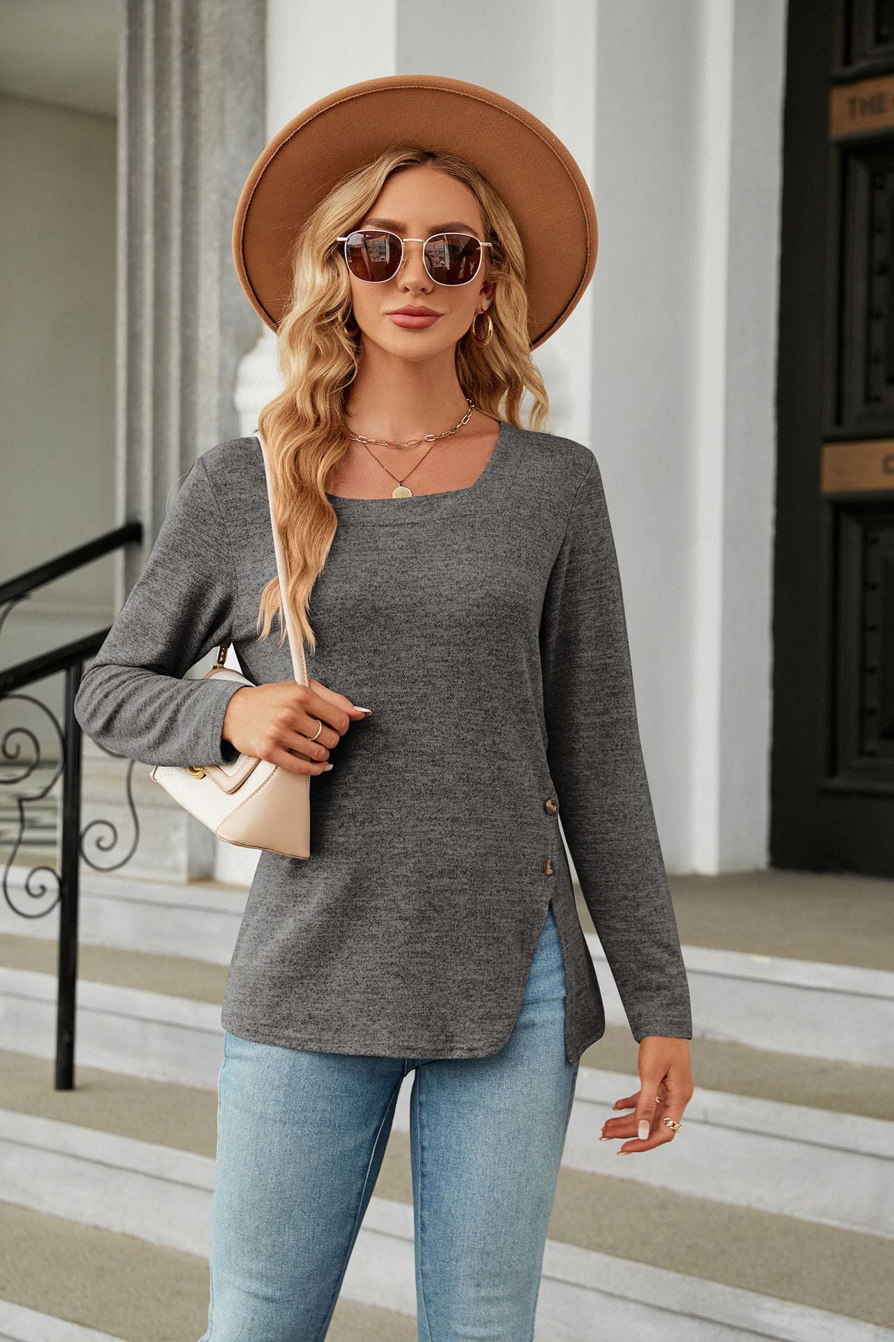 Autumn Winter Square Collar Button Slit Loose Long Sleeve T shirt Top Women