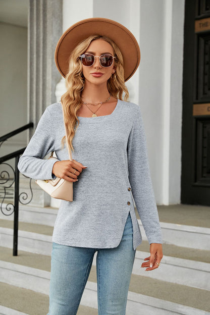 Autumn Winter Square Collar Button Slit Loose Long Sleeve T shirt Top Women