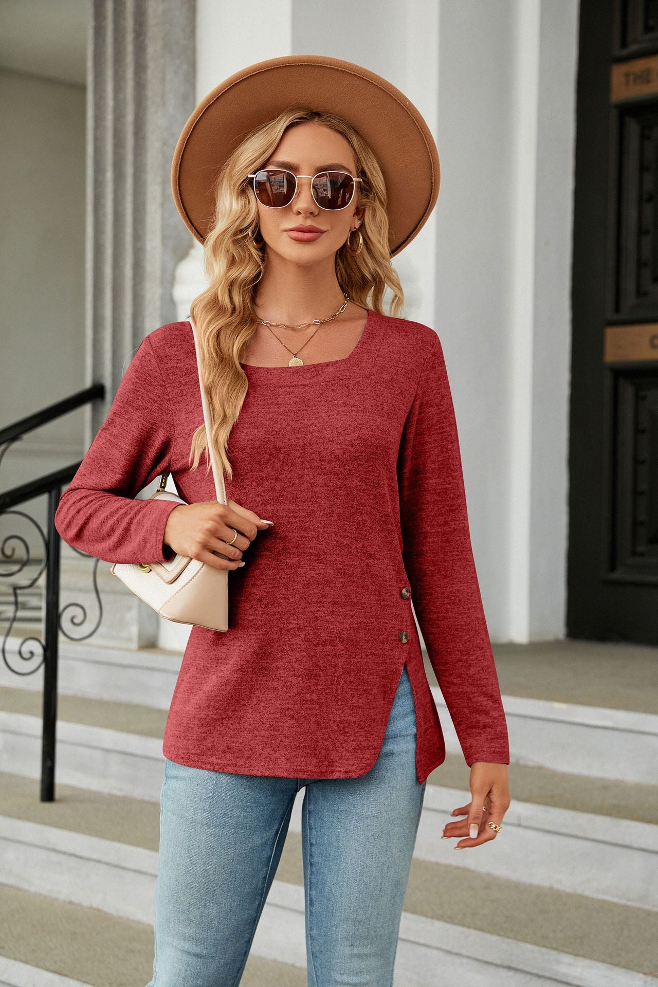 Autumn Winter Square Collar Button Slit Loose Long Sleeve T shirt Top Women