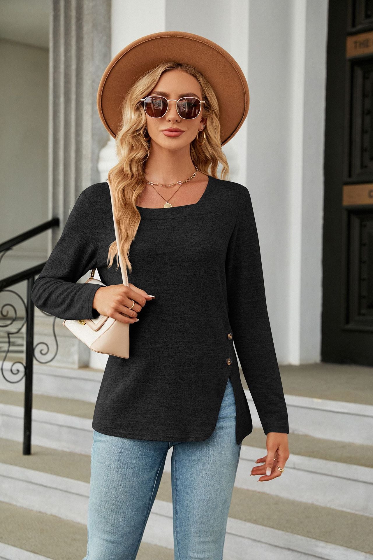 Autumn Winter Square Collar Button Slit Loose Long Sleeve T shirt Top Women