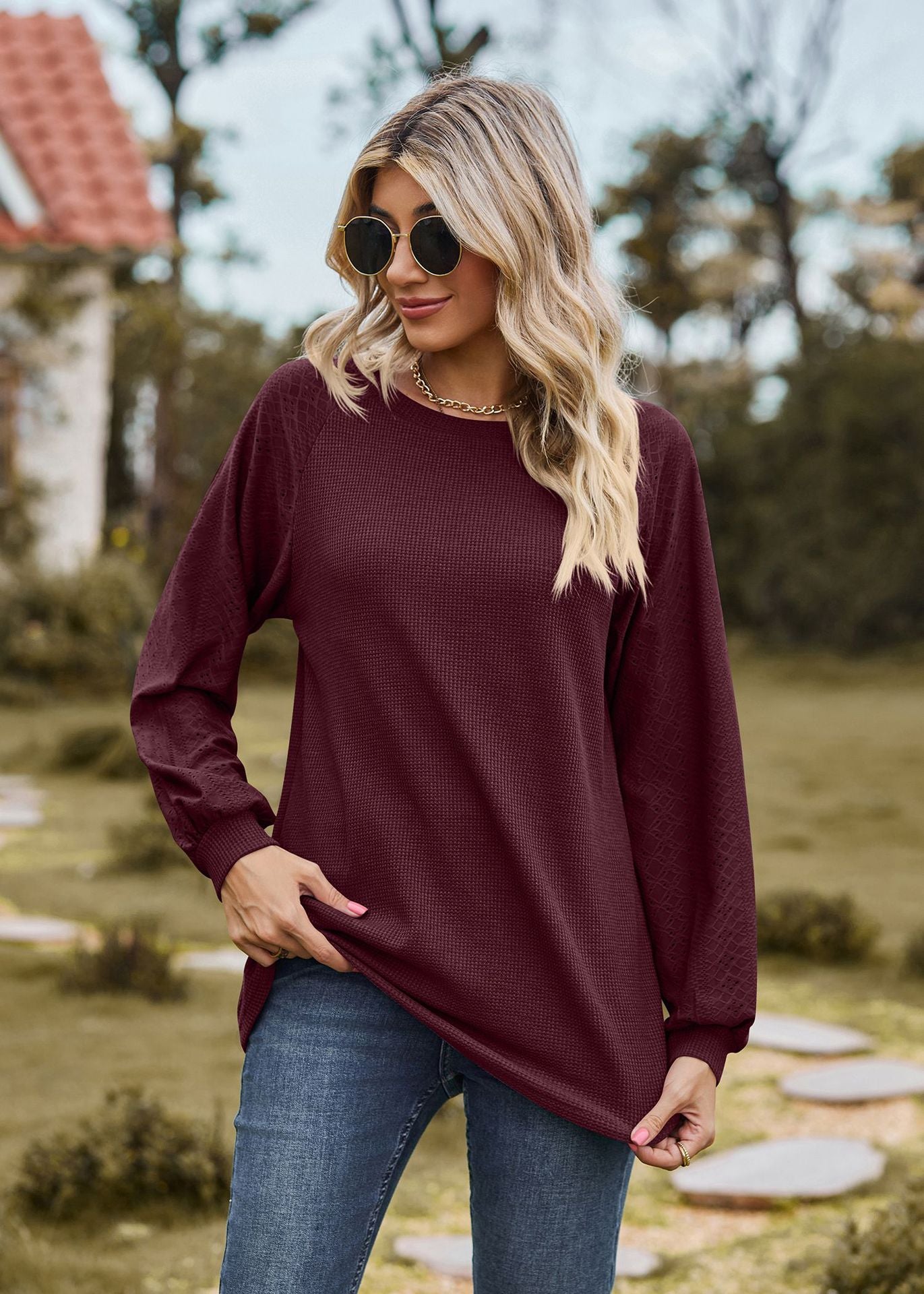 Autumn Winter Solid Color round Neck Stitching Loose Long Sleeve T shirt Top Women