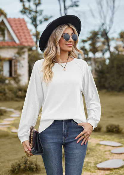 Autumn Winter Solid Color round Neck Stitching Loose Long Sleeve T shirt Top Women