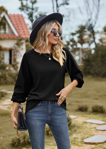 Autumn Winter Solid Color round Neck Stitching Loose Long Sleeve T shirt Top Women