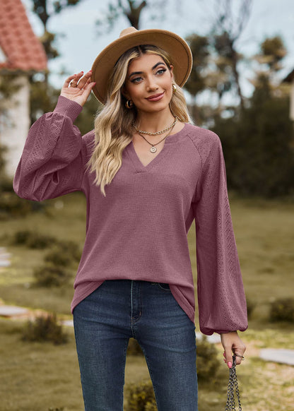 Autumn Winter Solid Color V neck Patchwork Loose Long Sleeved T shirt Top Women Clothing