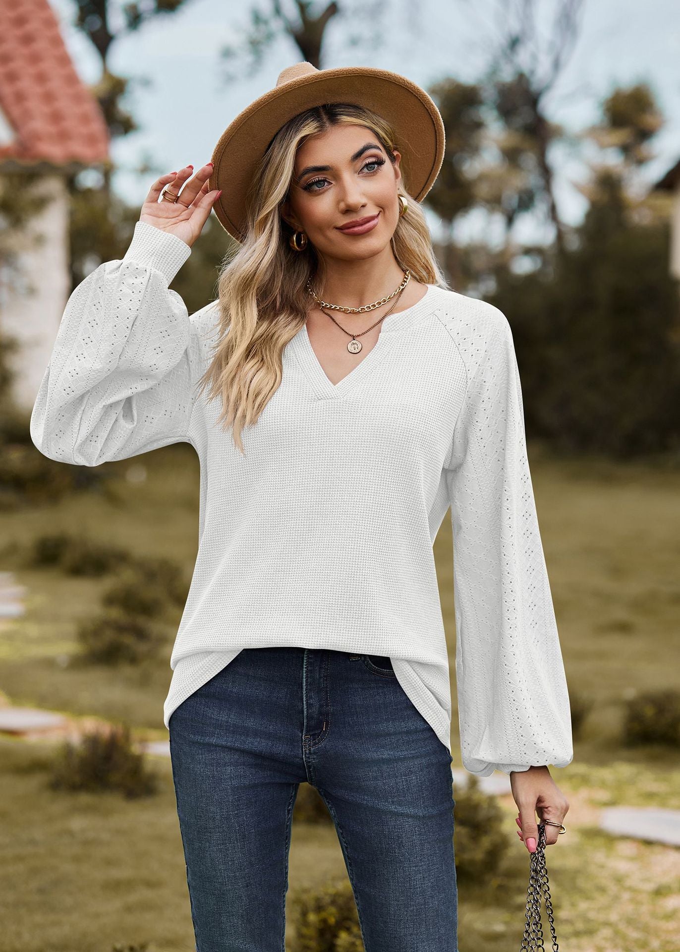 Autumn Winter Solid Color V neck Patchwork Loose Long Sleeved T shirt Top Women Clothing