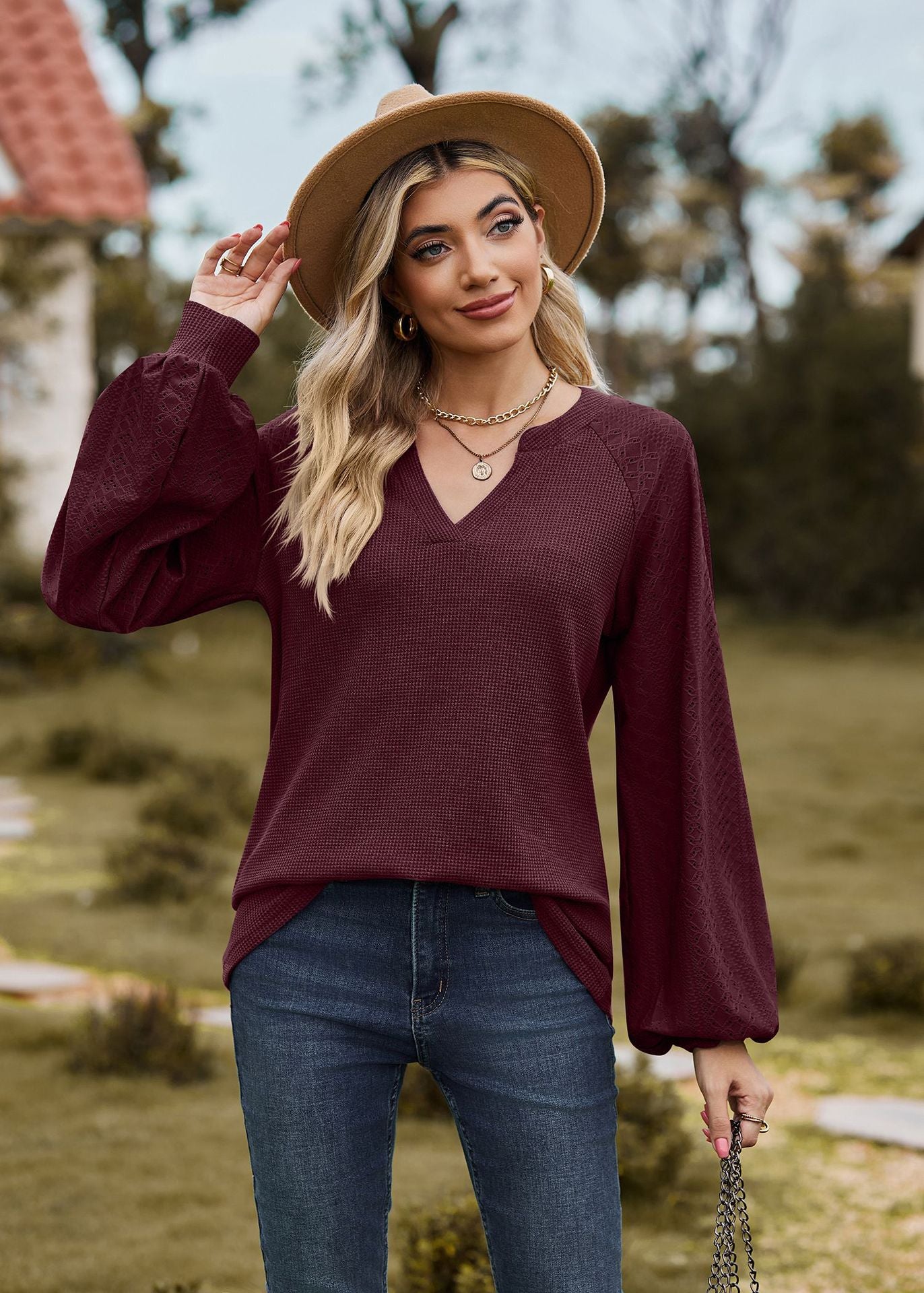 Autumn Winter Solid Color V neck Patchwork Loose Long Sleeved T shirt Top Women Clothing