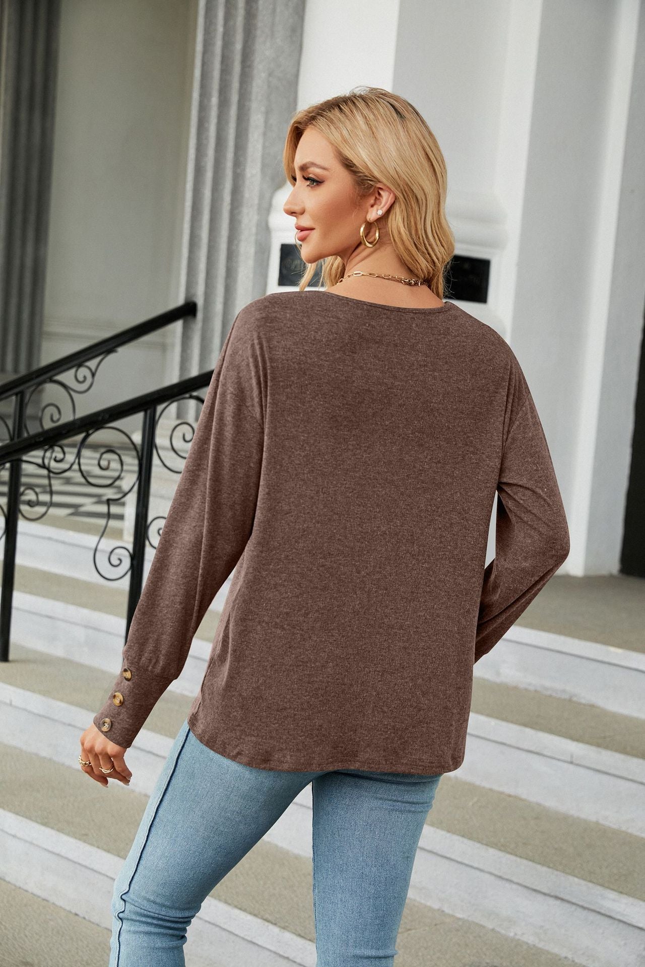 Autumn Winter Solid Color V neck Loose Long Sleeve Button T shirt Top Women Clothing