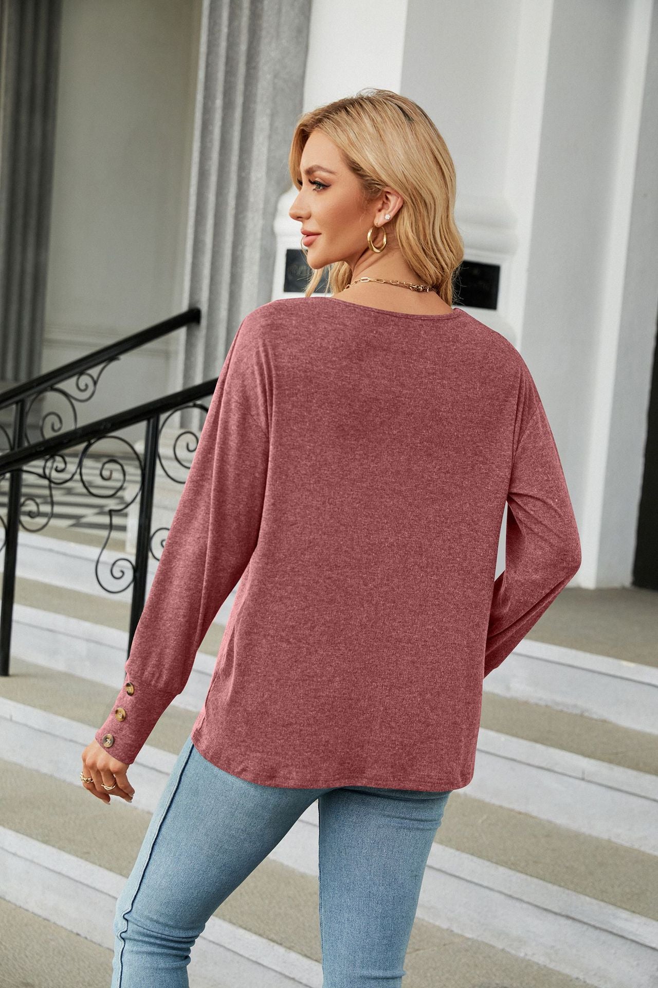 Autumn Winter Solid Color V neck Loose Long Sleeve Button T shirt Top Women Clothing