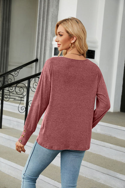 Autumn Winter Solid Color V neck Loose Long Sleeve Button T shirt Top Women Clothing