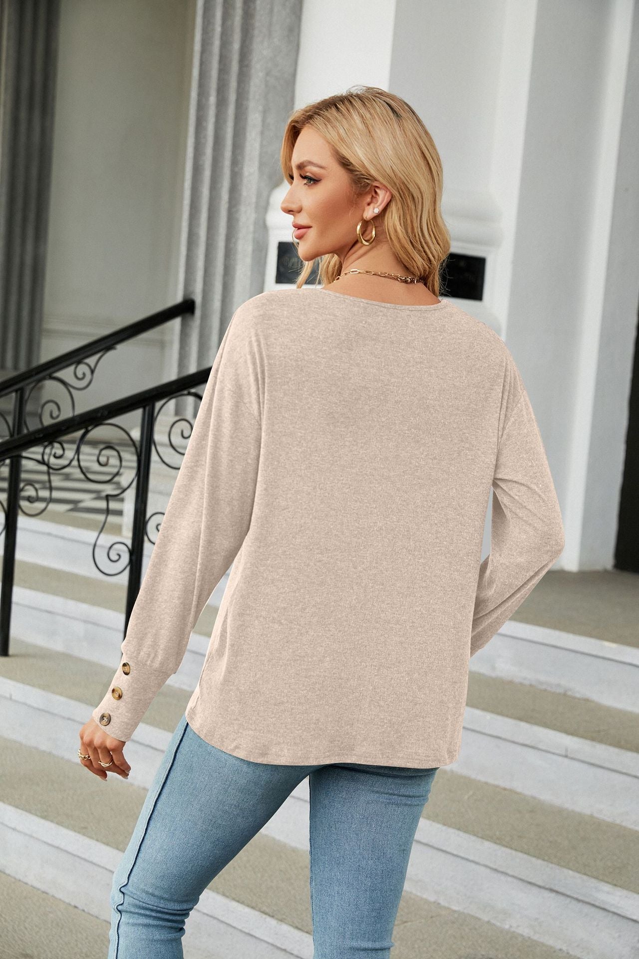 Autumn Winter Solid Color V neck Loose Long Sleeve Button T shirt Top Women Clothing