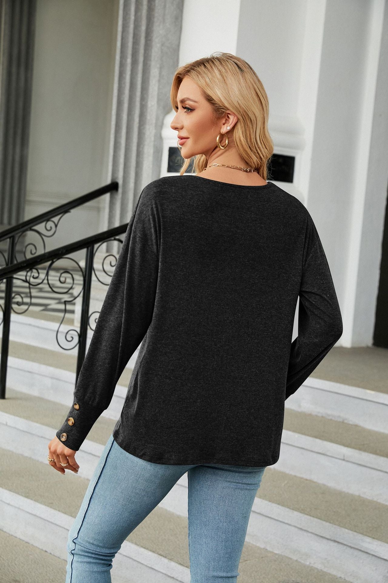 Autumn Winter Solid Color V neck Loose Long Sleeve Button T shirt Top Women Clothing