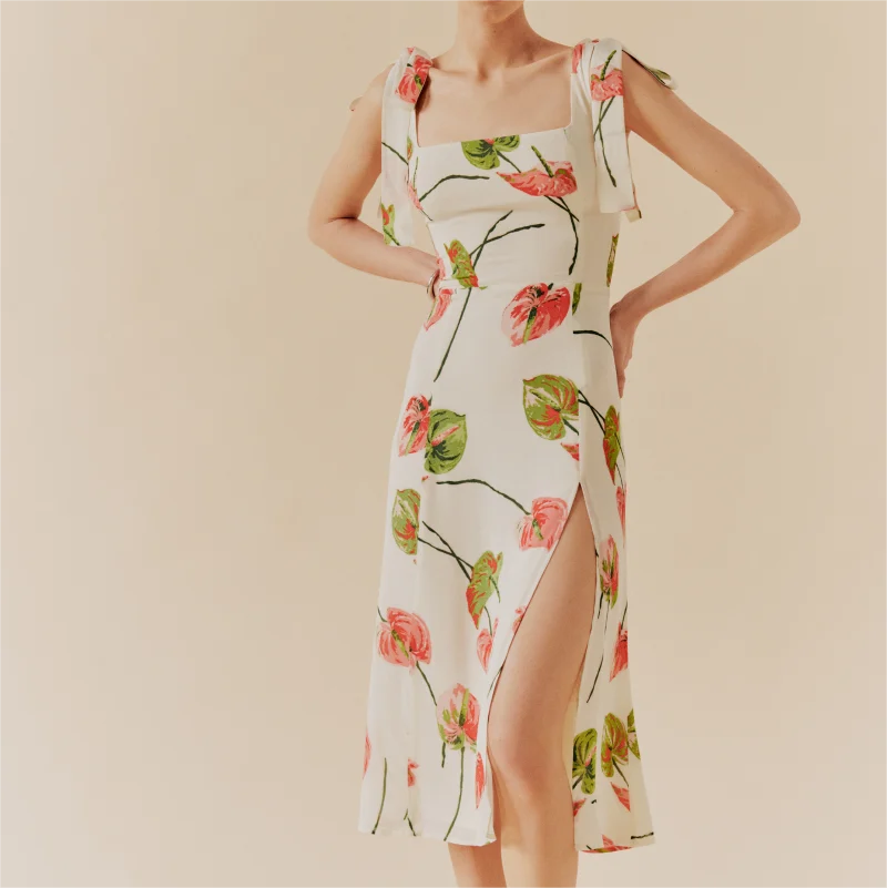 Summer French Elegant Pastoral Printed High Slit Strap Dress Women Tube Top Mid Length Dress