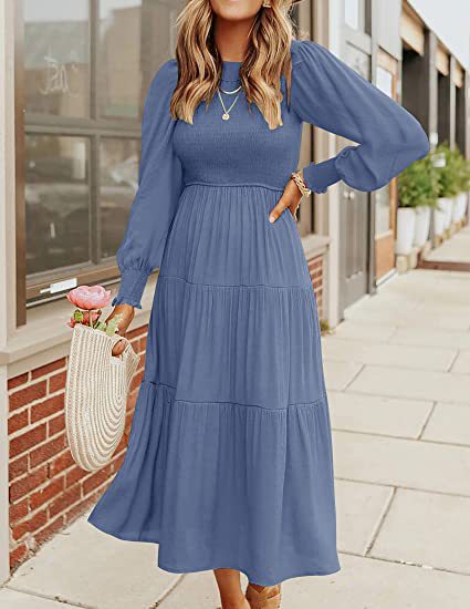 Women Clothing Popular Long Sleeve Pleating Layered Short Sleeve Large Swing Dress