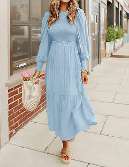 Women Clothing Popular Long Sleeve Pleating Layered Short Sleeve Large Swing Dress