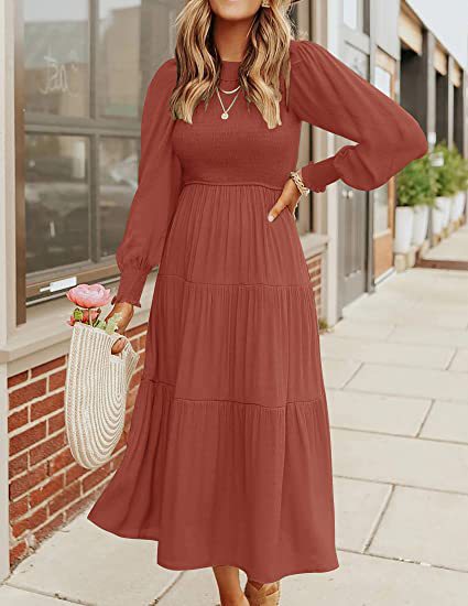 Women Clothing Popular Long Sleeve Pleating Layered Short Sleeve Large Swing Dress