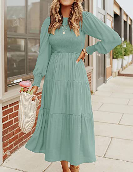 Women Clothing Popular Long Sleeve Pleating Layered Short Sleeve Large Swing Dress