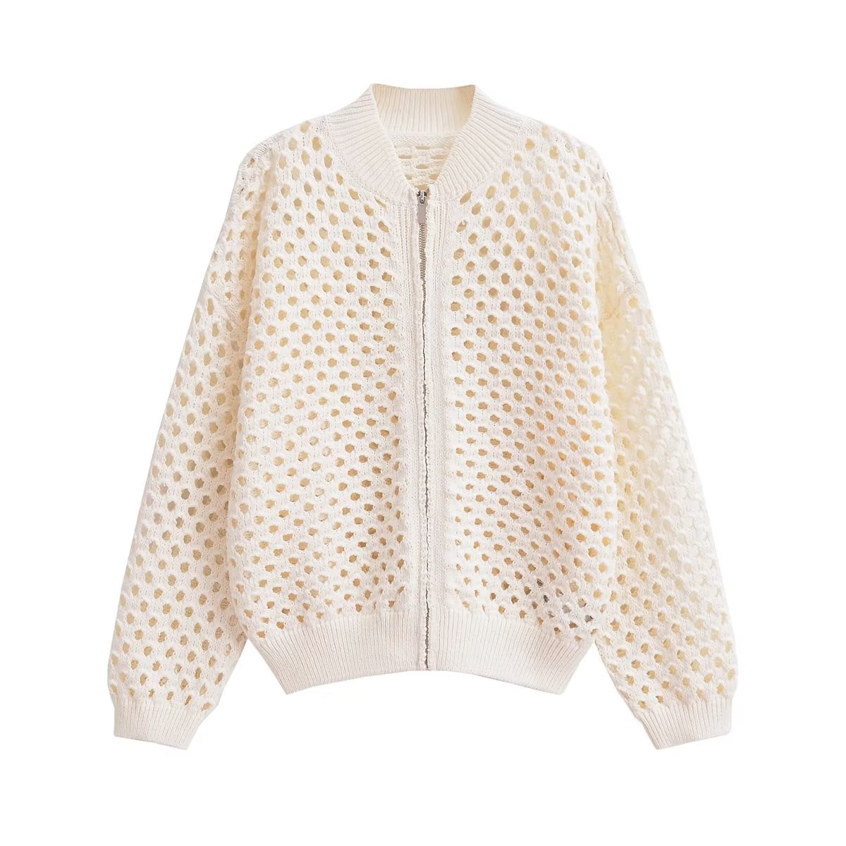 Fall Women  Clothing Hollow Out Cutout Knitted Bomber Jacket