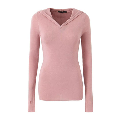 Fall Hooded Solid Color Pullover Cuff Finger Fit Design Slim Knit Long Sleeve Top