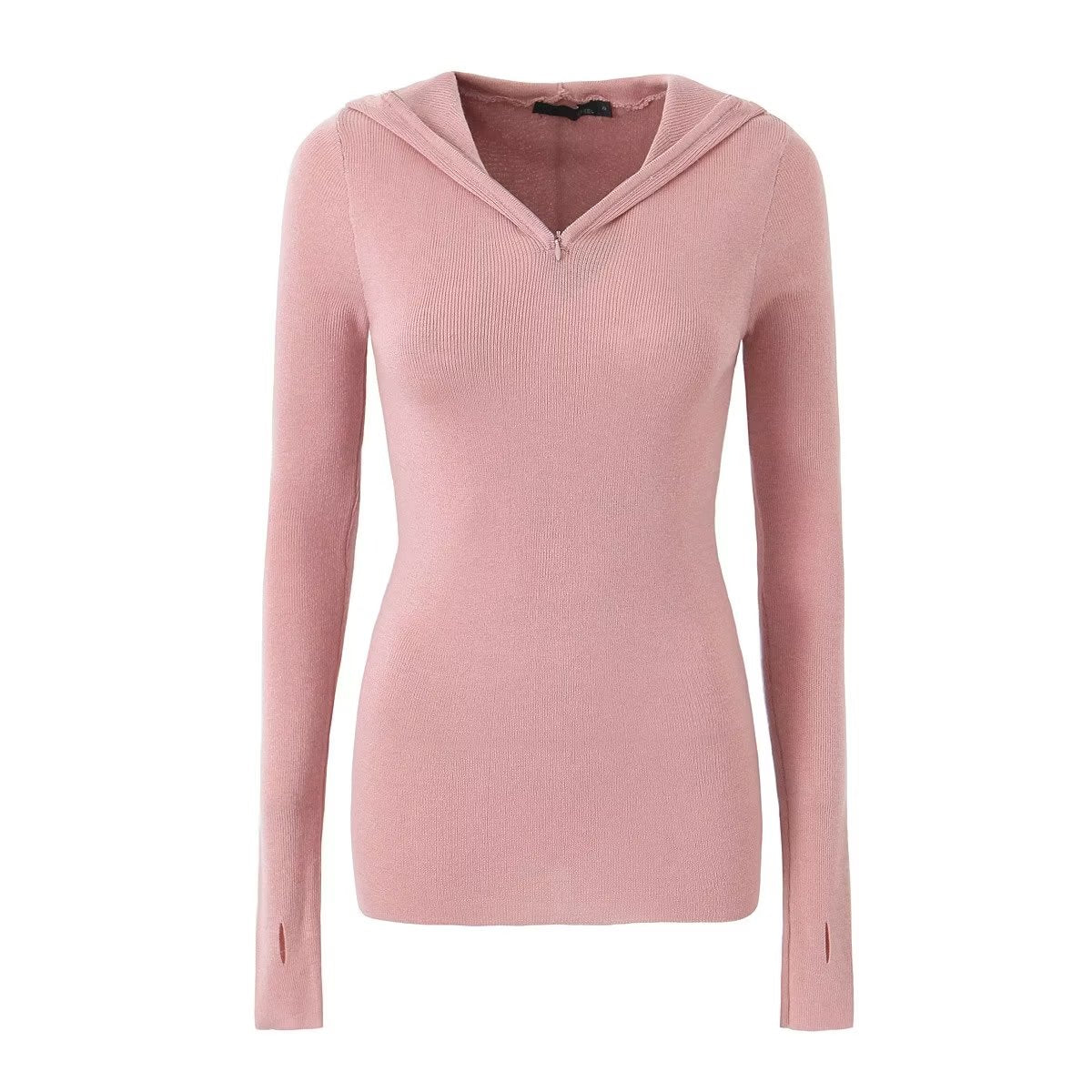 Fall Hooded Solid Color Pullover Cuff Finger Fit Design Slim Knit Long Sleeve Top