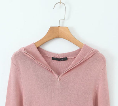 Fall Hooded Solid Color Pullover Cuff Finger Fit Design Slim Knit Long Sleeve Top