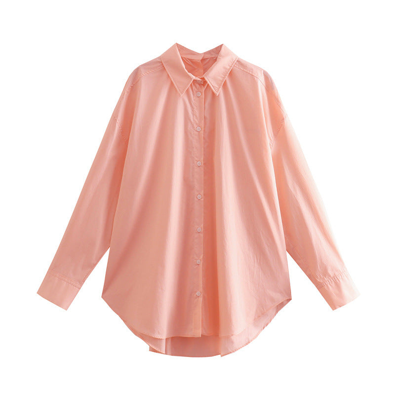 Fall Women Clothing Long Sleeve Collared Poplin Shirt