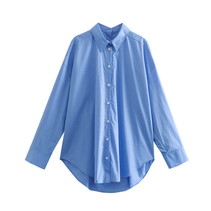 Fall Women Clothing Long Sleeve Collared Poplin Shirt