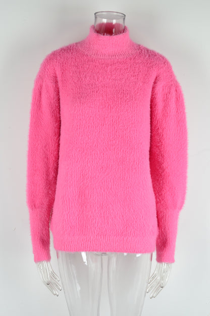 Autumn Winter Women Pullover High Collar Plush Sweater Solid Color Sweater