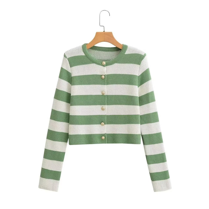 Early Winter Women Clothing Round Neck Fresh Golden Row Buckle Striped Long Sleeve Knitted Coat