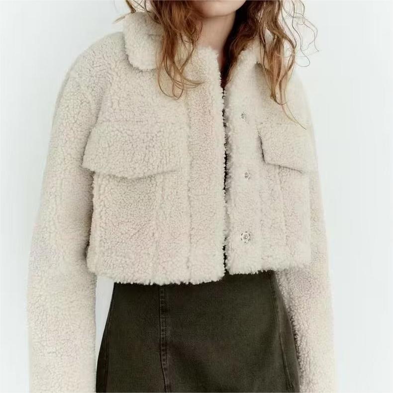 Fall Winter Fleece Warm Jacket Coat Collared Short Top Imitation Lamb Wool Casual Women Clothing