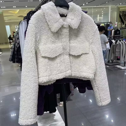 Fall Winter Fleece Warm Jacket Coat Collared Short Top Imitation Lamb Wool Casual Women Clothing