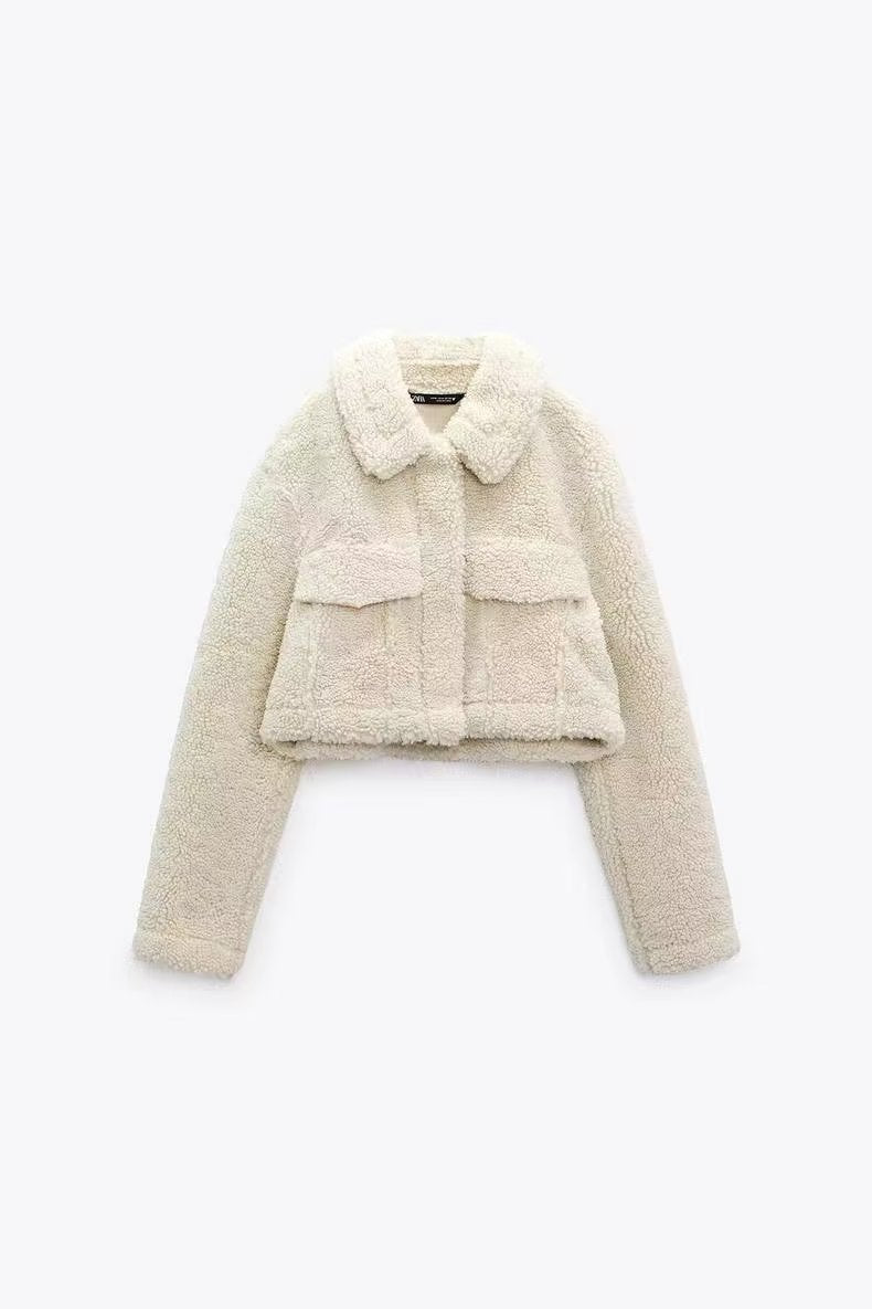 Fall Winter Fleece Warm Jacket Coat Collared Short Top Imitation Lamb Wool Casual Women Clothing