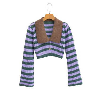 Vintage Stripe Contrast Color Lapels Knitted Cardigan Women Niche Design Loose Short Sexy Top