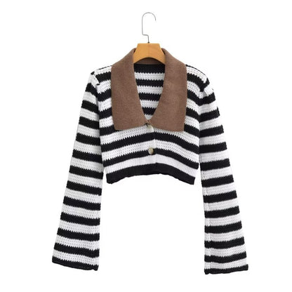 Vintage Stripe Contrast Color Lapels Knitted Cardigan Women Niche Design Loose Short Sexy Top