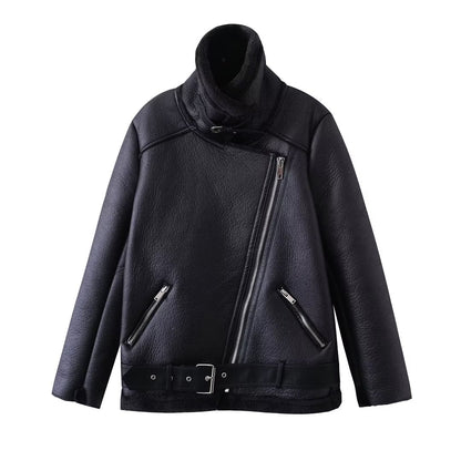 Women Clothing Loose Faux Shearling Jacket Stand Collar All Matching Long Sleeved Jacket Coat