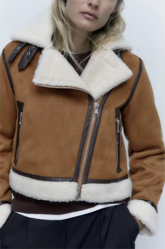 Autumn Winter High Street Small Thickened Faux Shearling Jacket Suede Fabric Jacket Coat