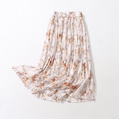 Summer Chiffon Printed Dress Women Elastic High Waist Slimming Pleated Skirt A Line Midi Skirt