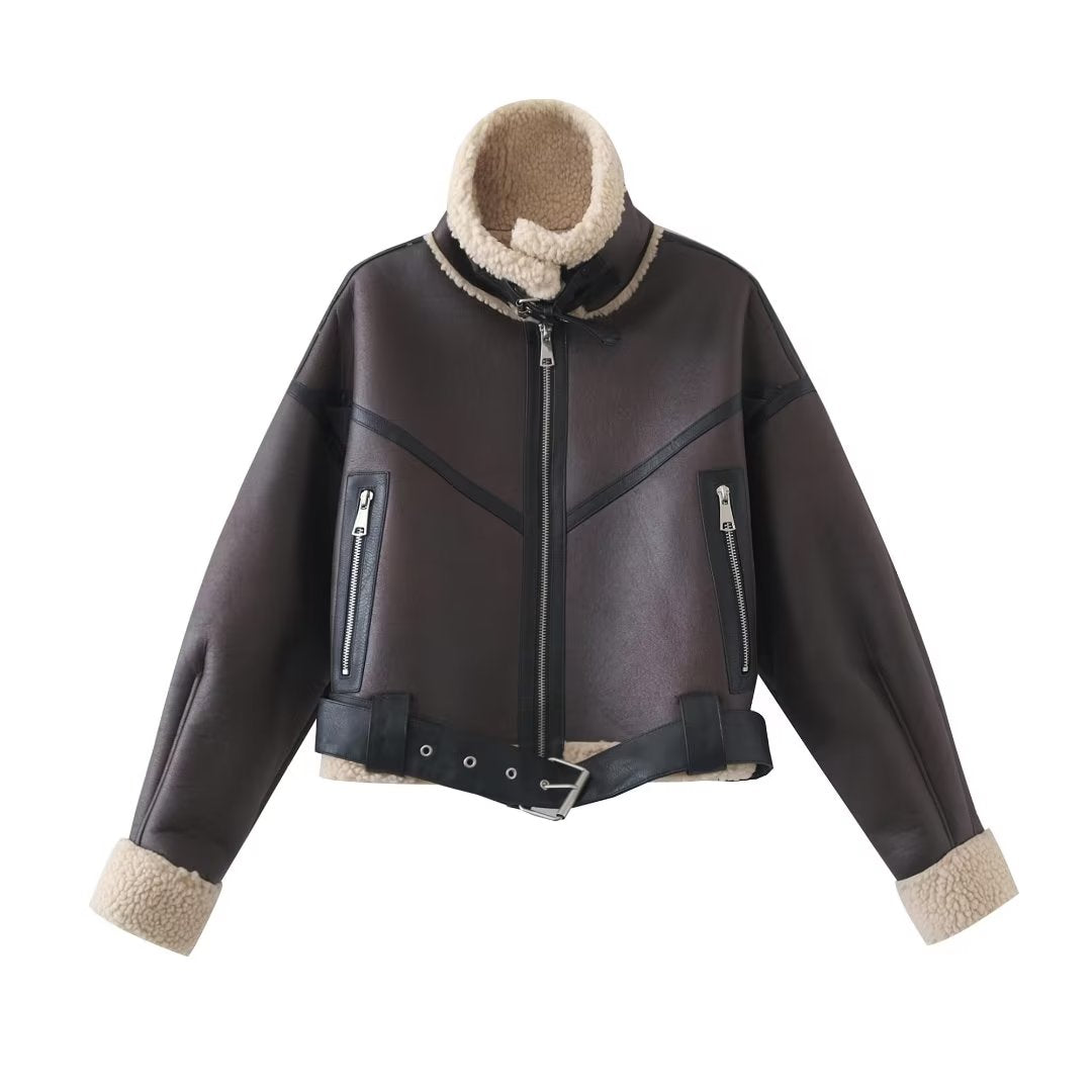 Autumn Winter Faux Jacket Jacket Sweet Cool Sexy Women Clothing Street Collared Short Motorcycle Jacket