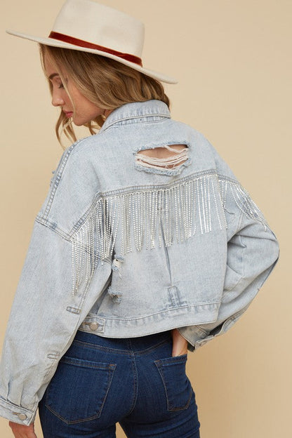 Retro Holes Denim Jacket Spring Autumn Rhinestone Tassel Jacket Short Women Clothing